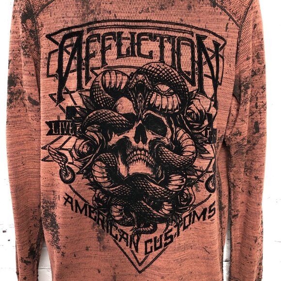 Affliction Thermal Reversible Y2K Goth Wings Crosses Biker Big Graphic Shirt M - Picture 1 of 12